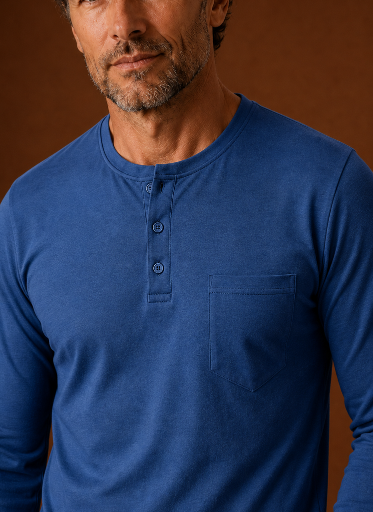 Close-up of Henley neckline and chest pocket detailing