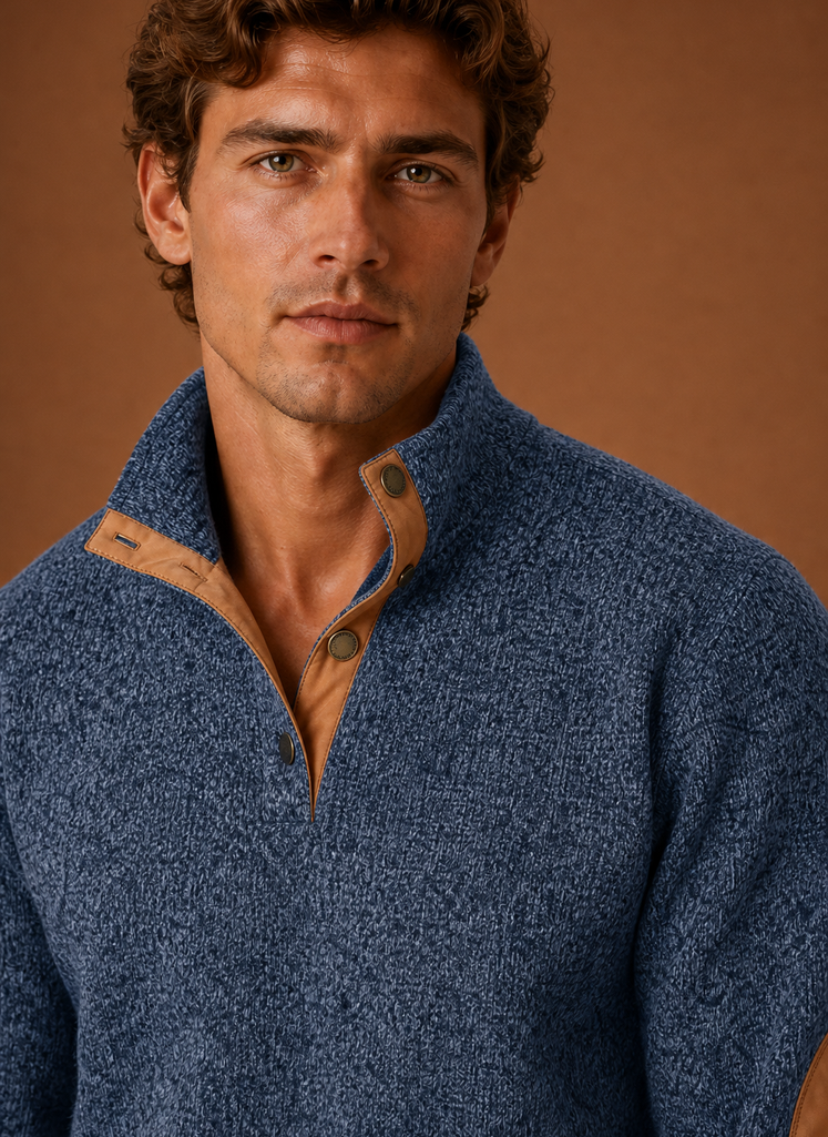 Close-up detail of the mock neck and knit texture at the neckline