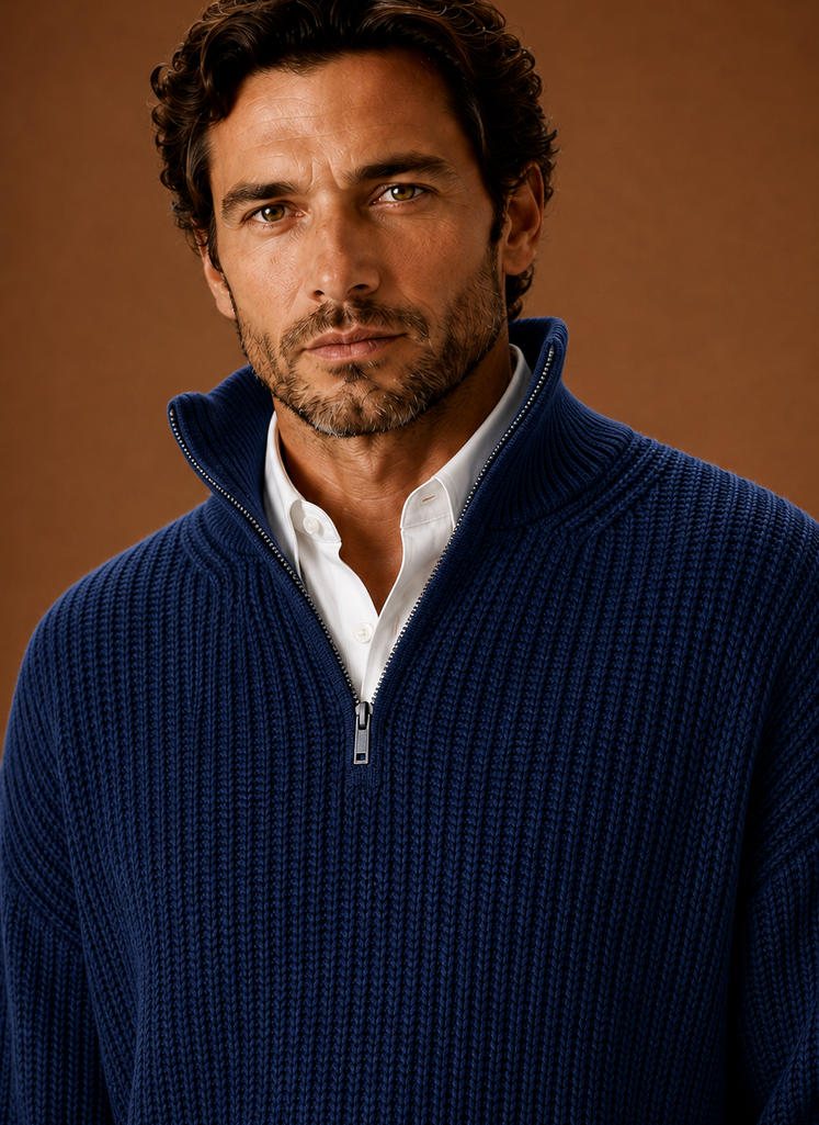 Close-up of chunky ribbed texture and half-zip neckline on Areleon pullover