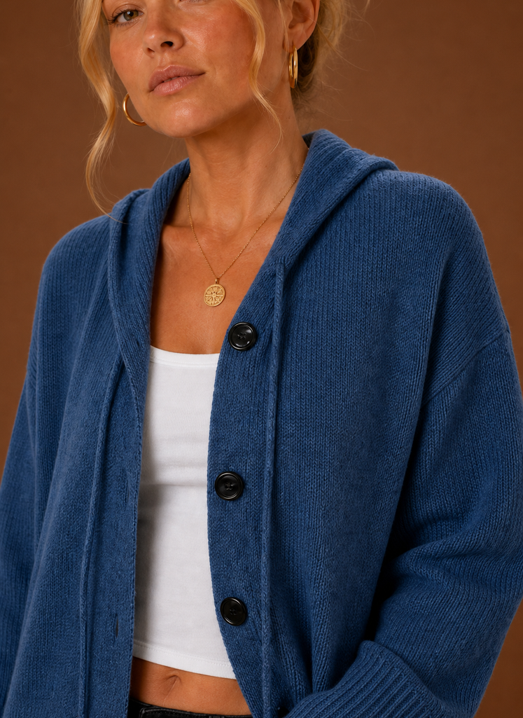 Close-up of the button-front placket and knit texture at the neckline