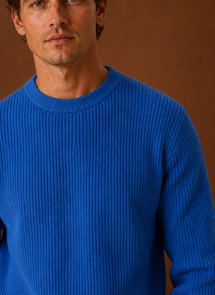Close-up of ribbed knit texture and crew neckline detail