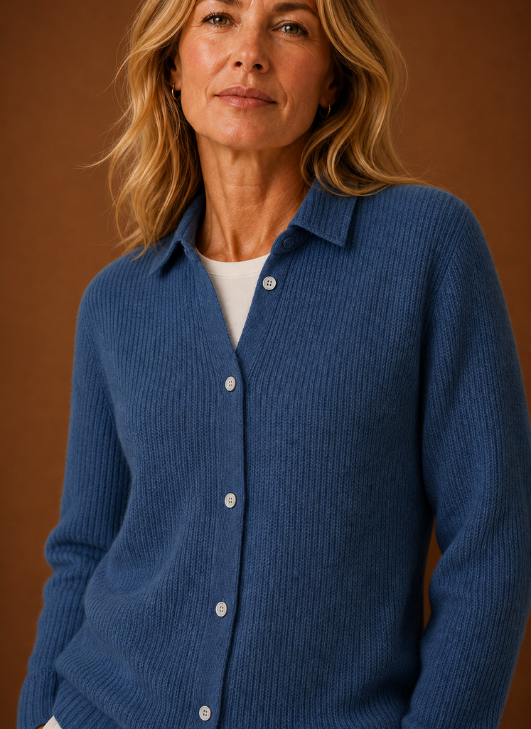 Close-up of button-front and knit texture on women's cardigan