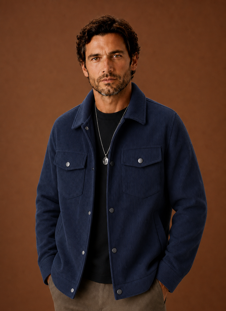 Front view of a men's crew neck knit sweater on a neutral background