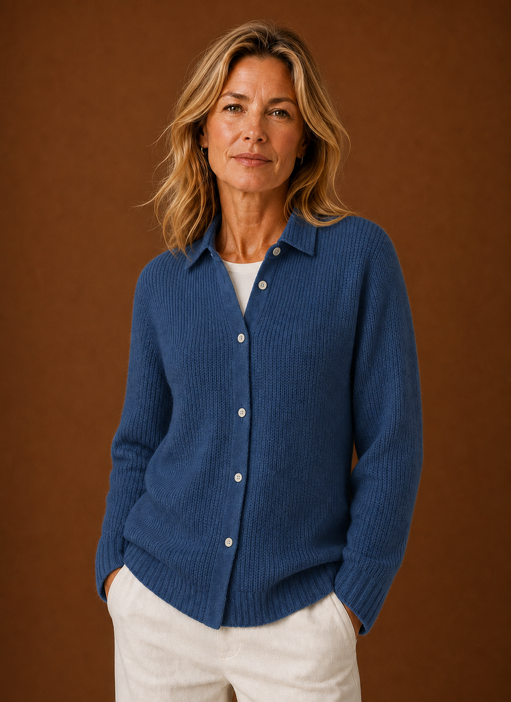 Front view of women's button-front knit cardigan showing button closure and clean silhouette