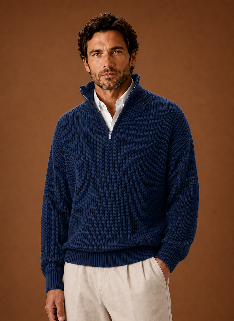 Front view of Areleon oversized half-zip ribbed pullover