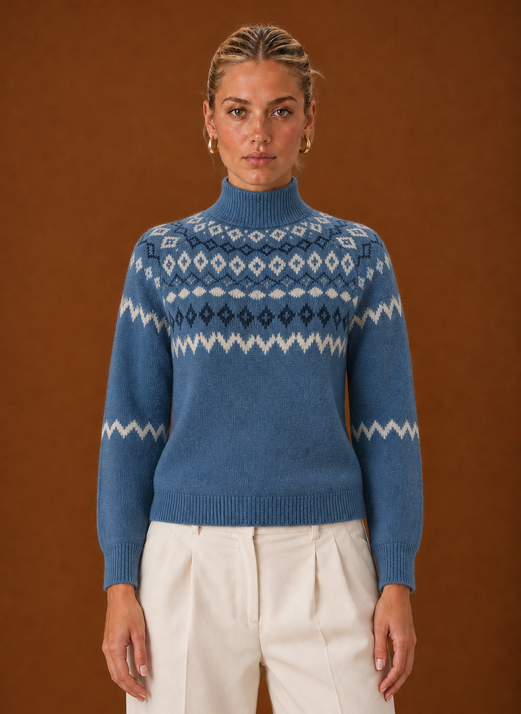 Women's Fair Isle Sweater - Nordic Turtleneck Knit Pullover front view