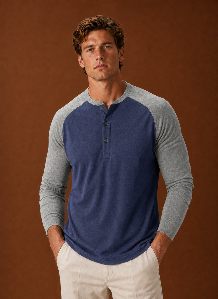 Front view of Areleon men's Henley shirt showing button-placket neckline and clean silhouette