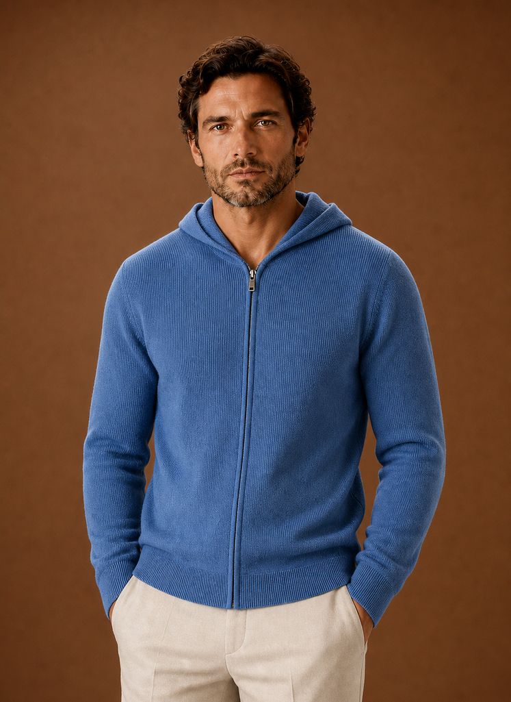 Front view of Areleon men's full-zip knit hoodie on model
