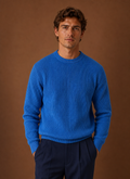 Front view of men's ribbed crew neck sweater on mannequin