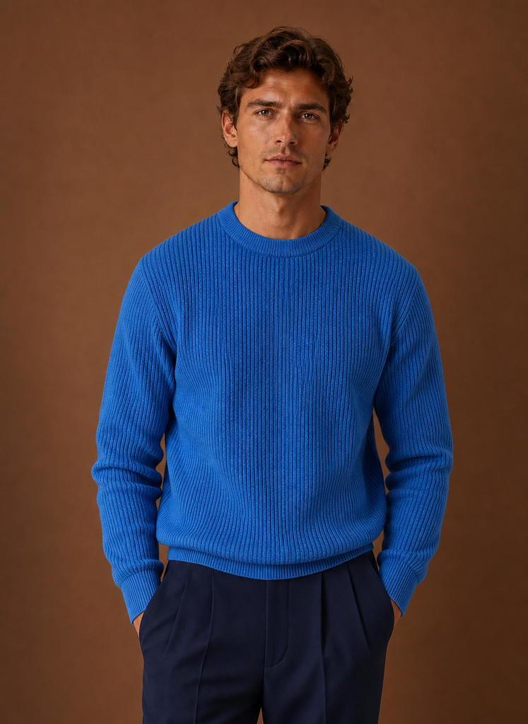 Front view of men's ribbed crew neck sweater on mannequin
