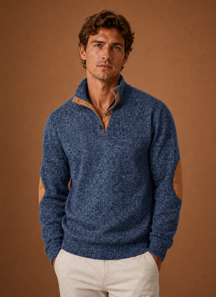 Front view of a men's mock neck pullover on a neutral background
