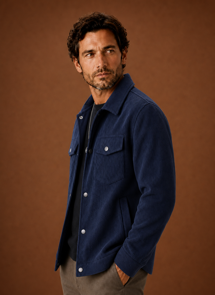 Side profile of a men's crew neck knit sweater showing shoulder and sleeve fit