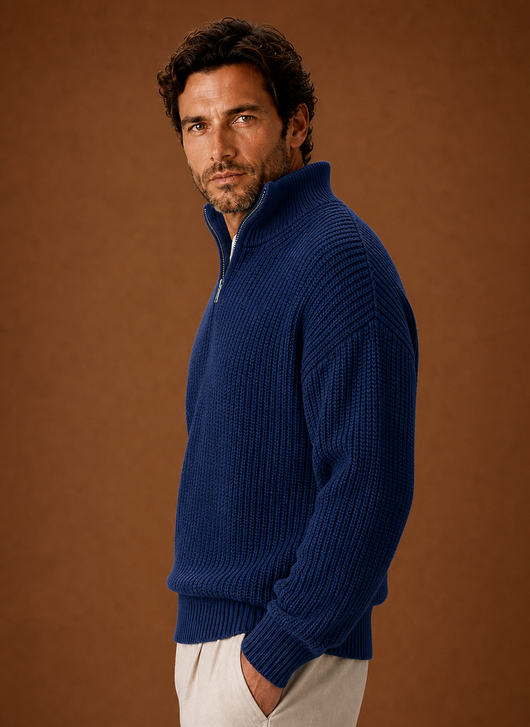 Side profile of Areleon oversized half-zip ribbed pullover