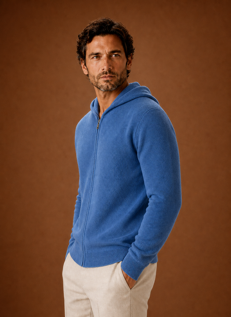 Side profile of Areleon men's full-zip knit hoodie showing hood and zipper
