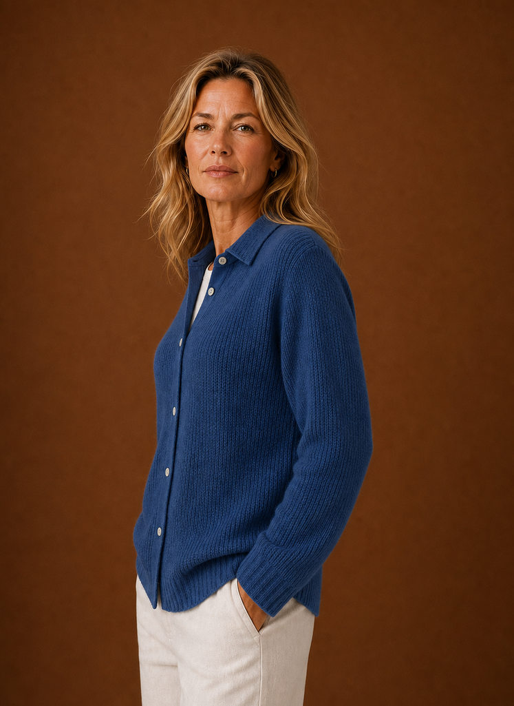 Side view of women's knit cardigan showing profile and sleeve shape