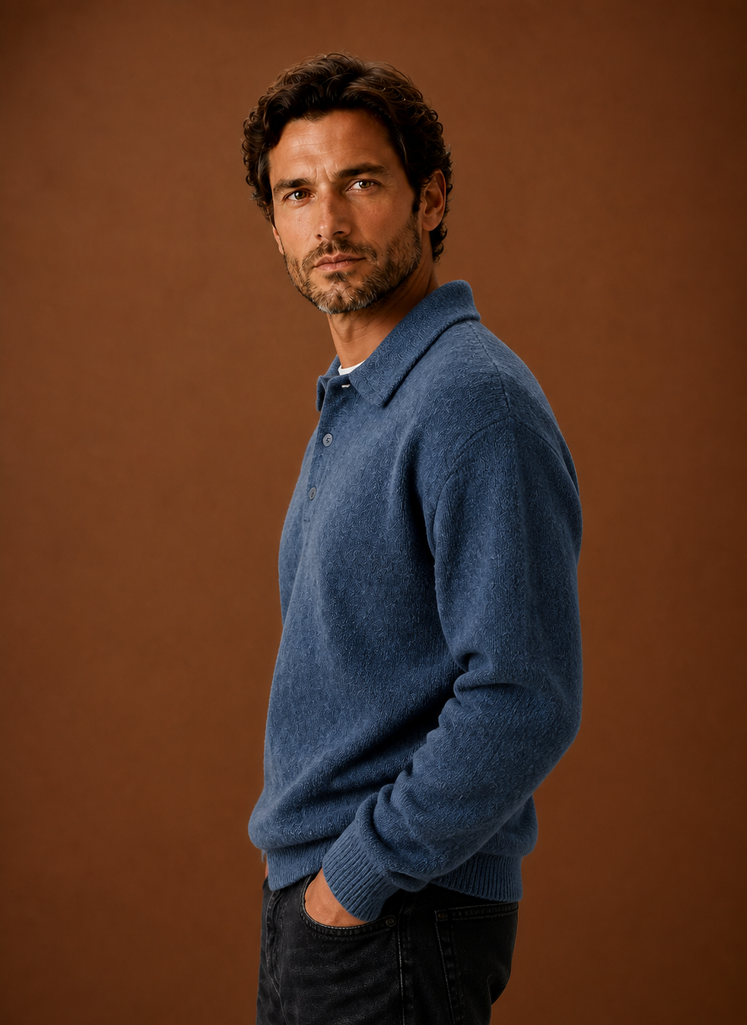 Side view of the Areleon knit cardigan highlighting the long sleeve silhouette