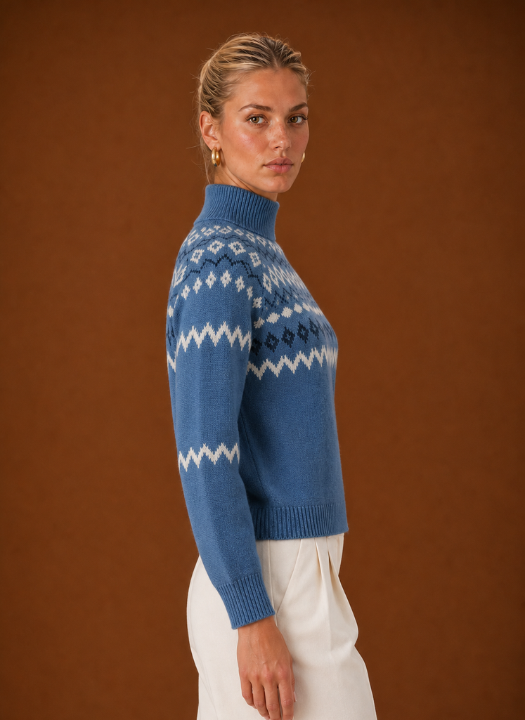 Women's Fair Isle Sweater - Nordic Turtleneck Knit Pullover side view