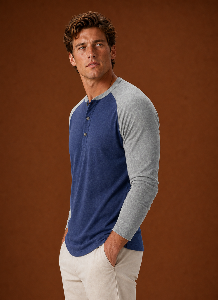 Side profile of the Henley shirt displaying sleeve fit and shoulder seam