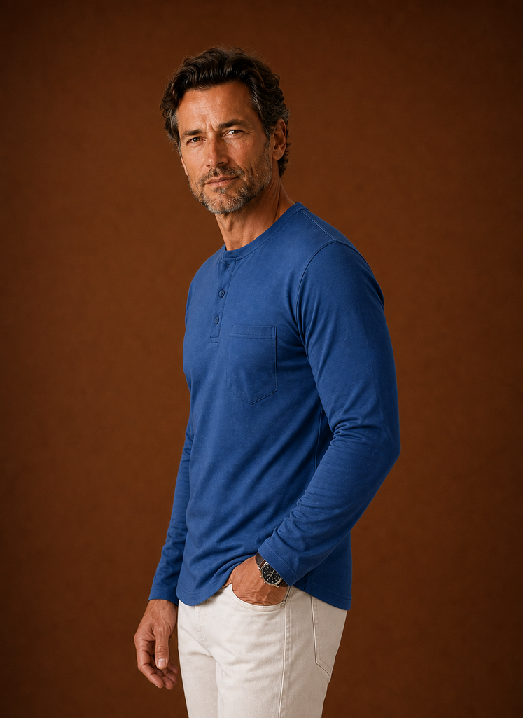 Side profile of men's Henley shirt showing long sleeves and relaxed fit