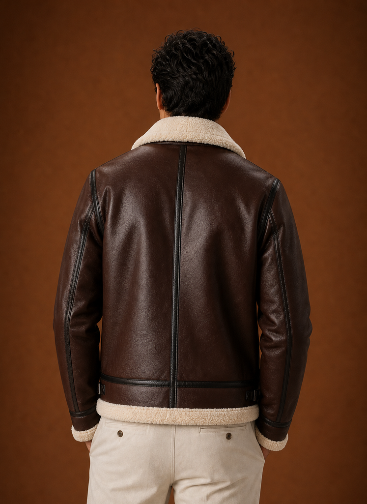Back view of men's bomber jacket displaying clean lines and straight hem