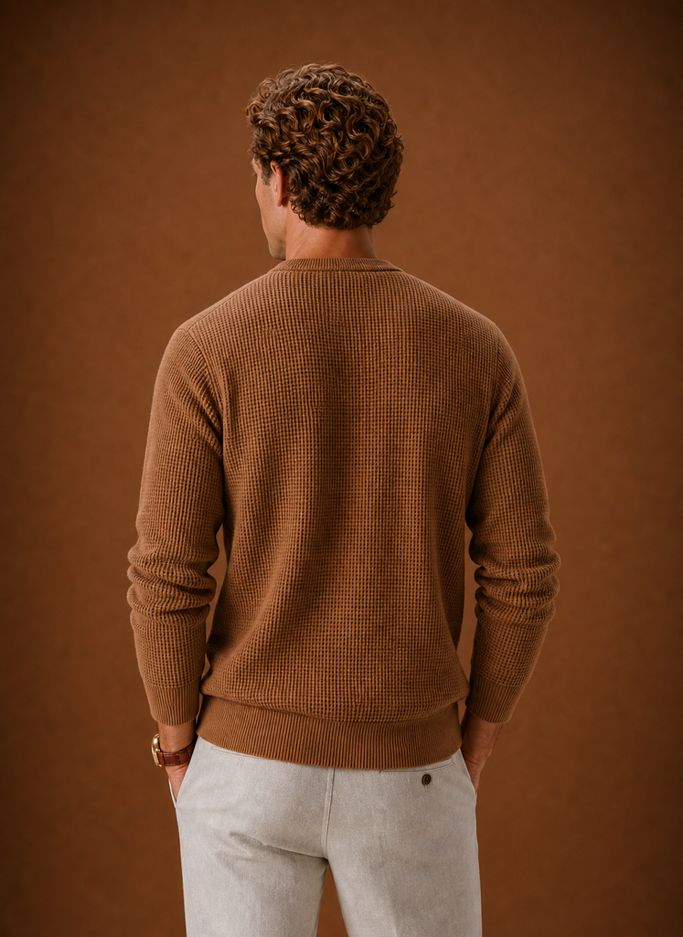 Back view of Areleon men's waffle knit crew neck sweater highlighting straight hem and knit texture