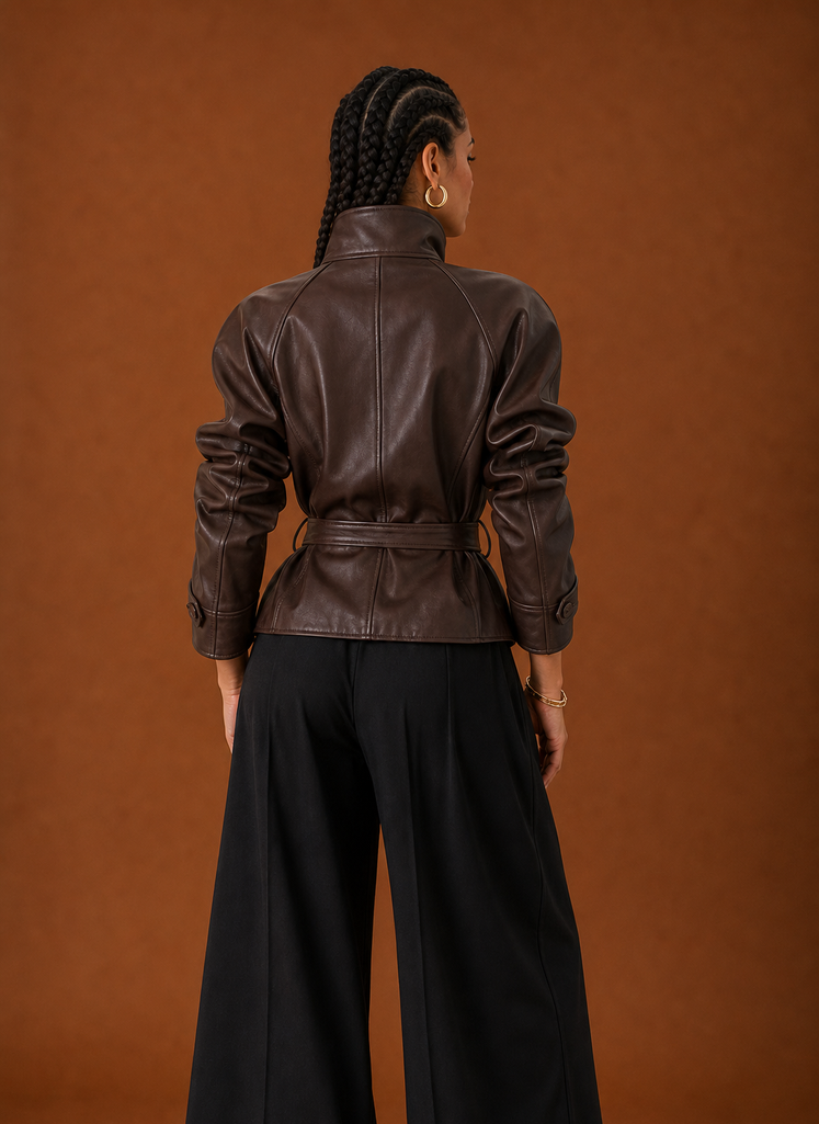 Back view of Areleon women's jacket in black showing clean back silhouette and hip-length cut