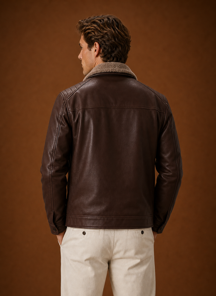 Back view of men's casual jacket showing back panel and hem