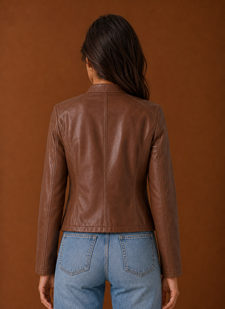 Women's Leather Jacket - Slim Fit Stand Collar Moto Jacket back view