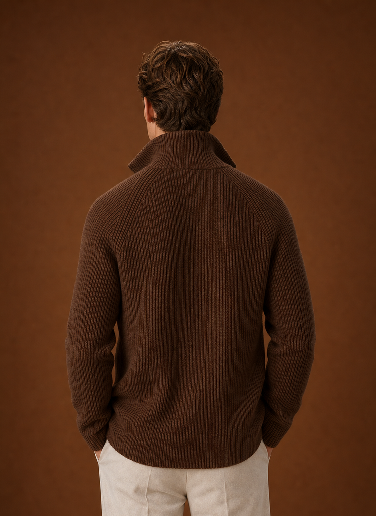Back view of a men's ribbed knit cardigan displaying the ribbed texture
