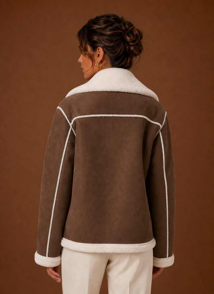 Back view of women's aviator jacket highlighting the streamlined back and hem
