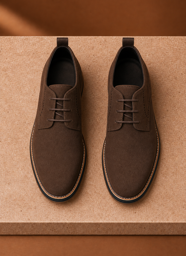 Rear view of a black men's derby dress shoe showing the heel and counter
