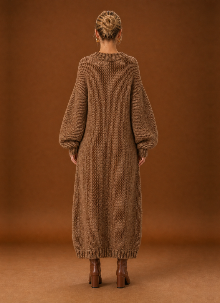 Back view of the knit maxi dress highlighting the full-length silhouette