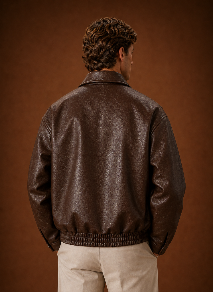Back view of Areleon men's oversized jacket in black showing clean hemline
