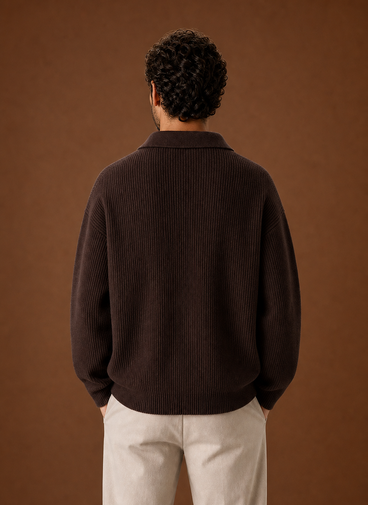 Men's Polo Sweater - Ribbed Knit Pullover back view
