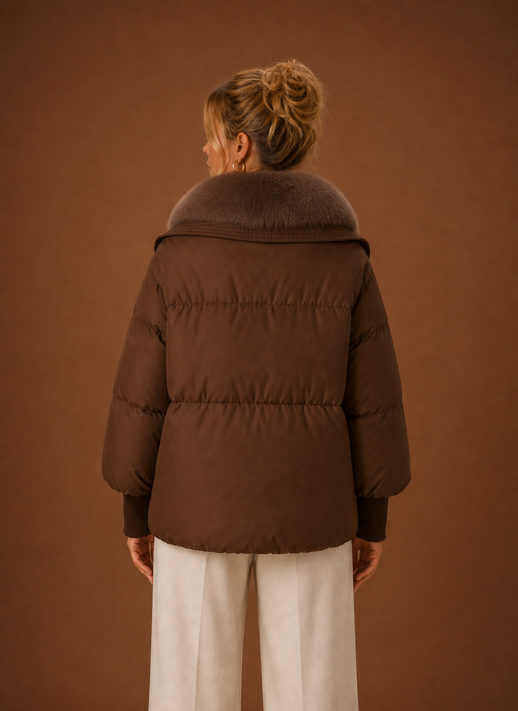 Back view of the Areleon women's winter parka coat displaying the rear shaping