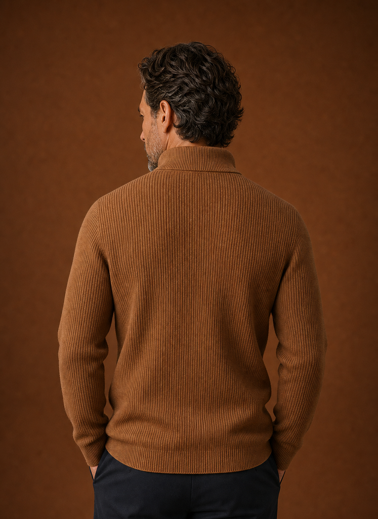 Back view of the quarter-zip ribbed pullover showing the clean hem and knit texture