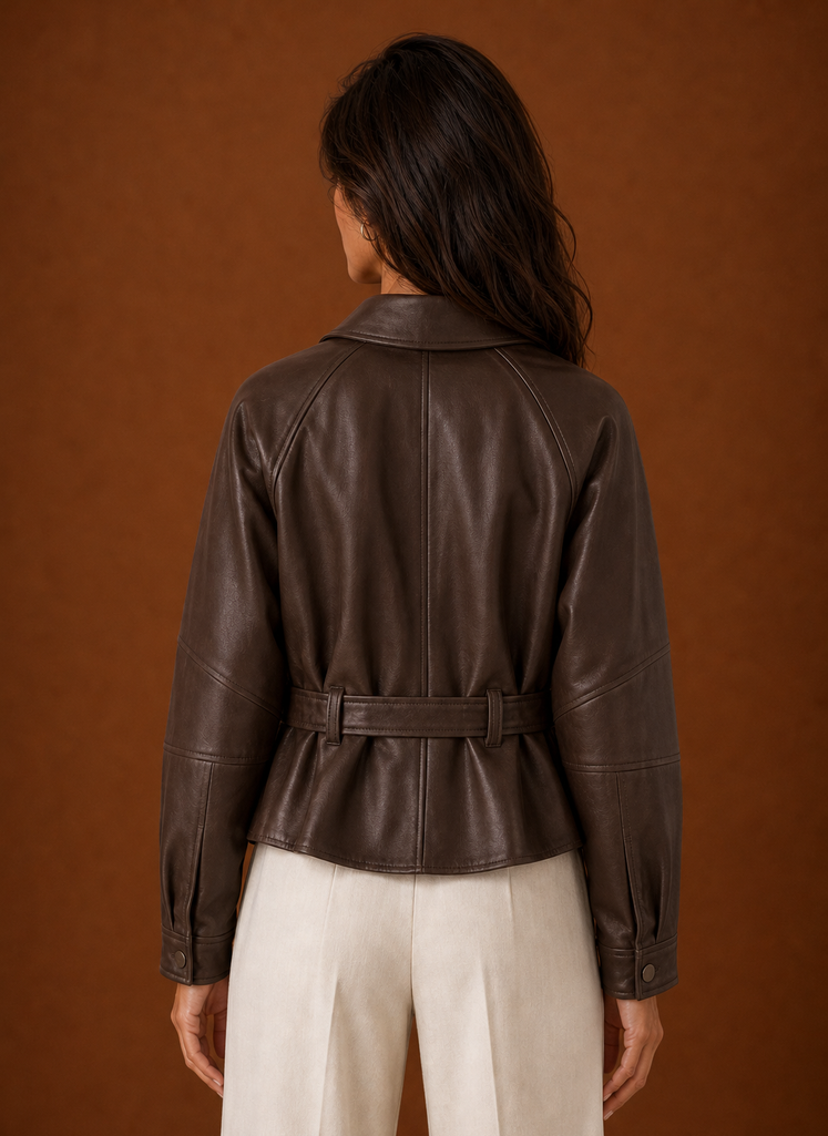Back view of women's moto jacket showing fit and seam details