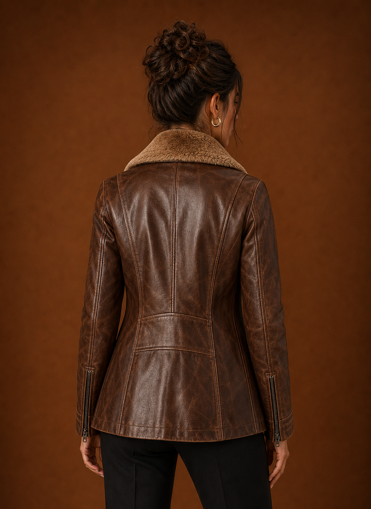 Back view of brown women's aviator jacket with clean hemline