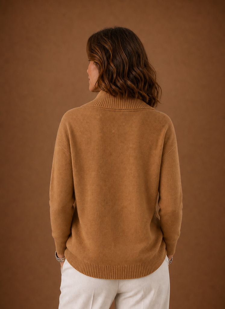 Back view of Areleon women's cowl neck knit sweater showing silhouette and hem