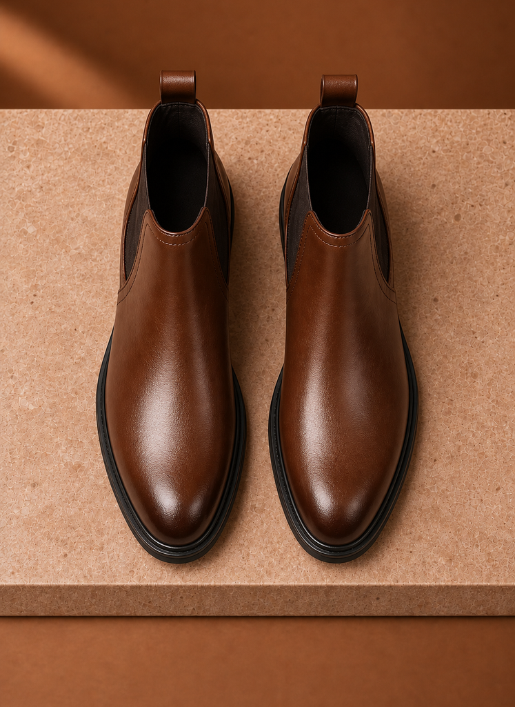 Rear view of Areleon men's Chelsea boot showing pull tab and heel profile