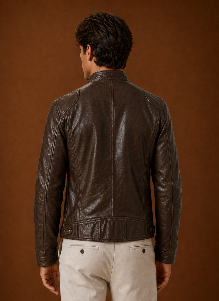 Back view of men's moto jacket showing streamlined silhouette