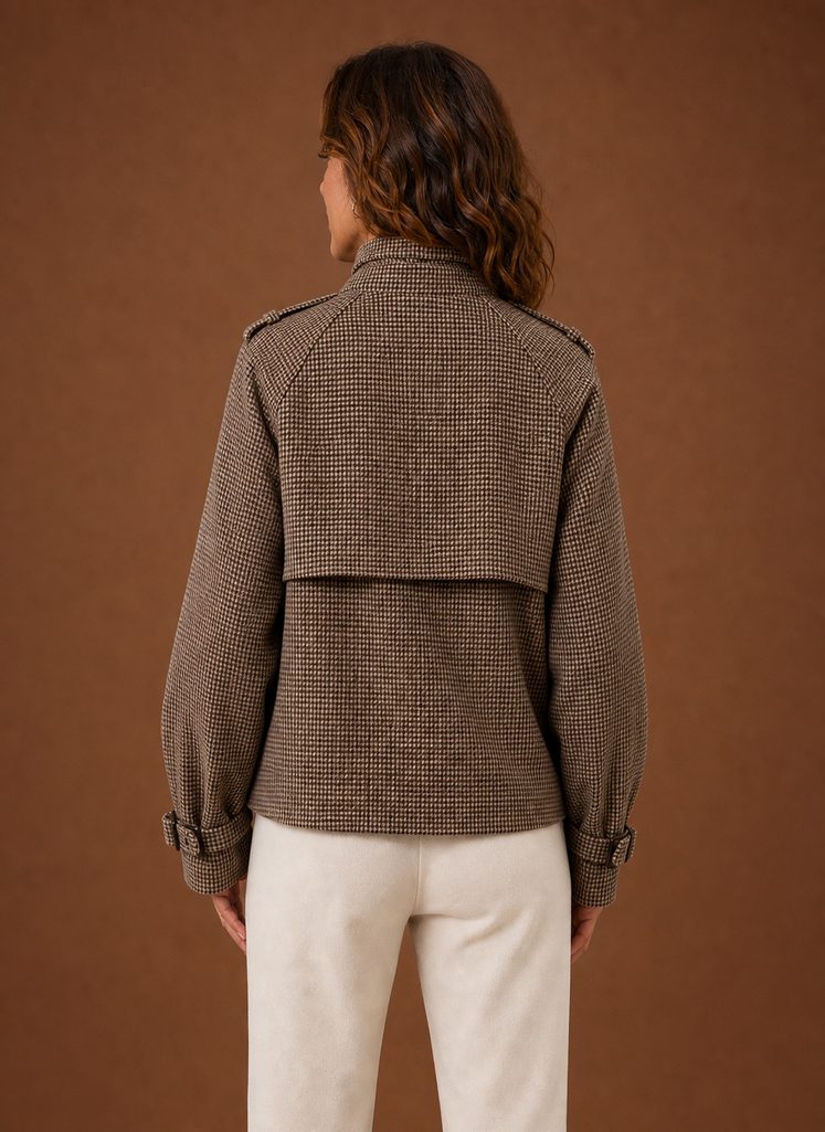 Back view of the jacket highlighting the tailored fit and check pattern