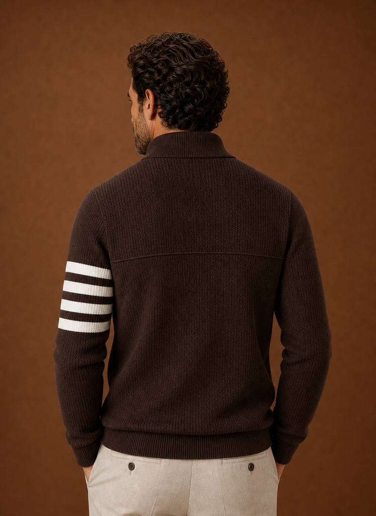 Back view of the striped half-zip sweater showing the full stripe pattern