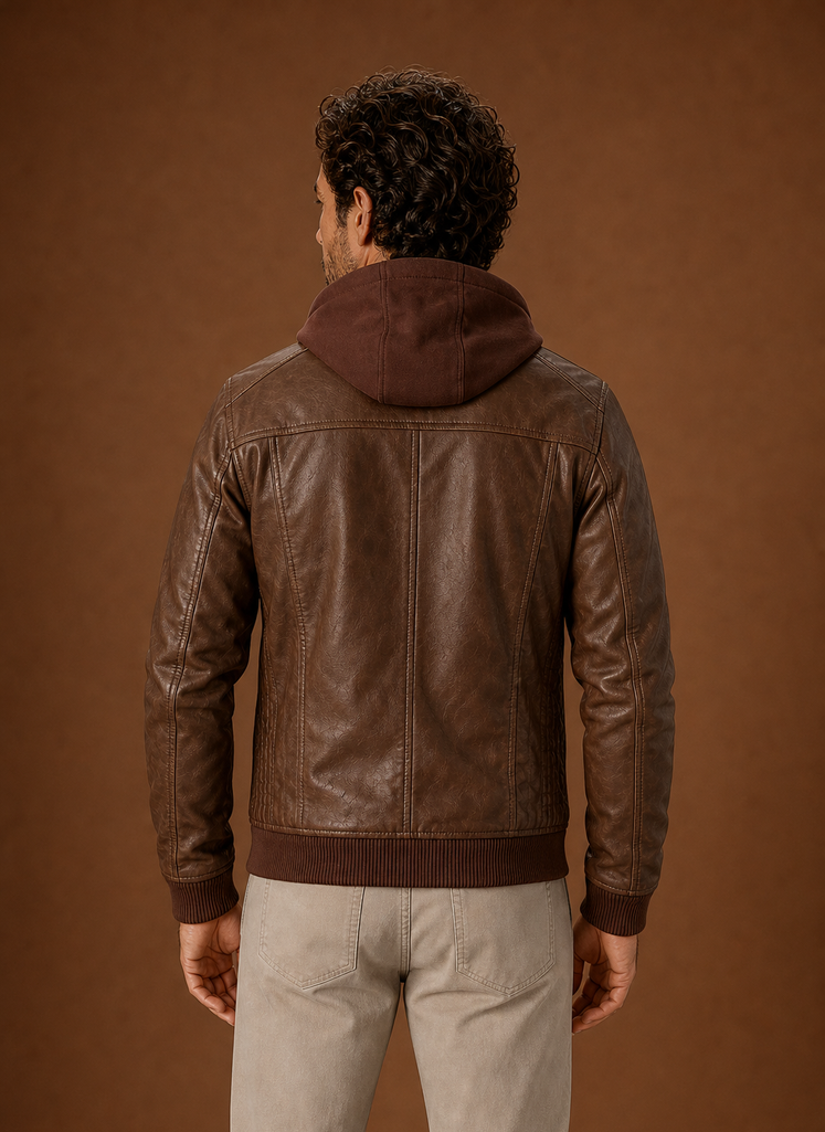 Back view of the men's moto jacket showing a smooth back panel and fitted cut
