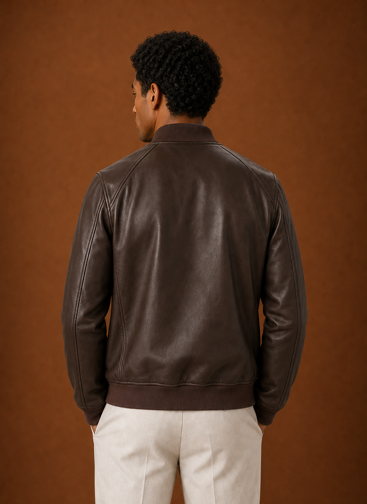 Back view of men's bomber jacket showing clean silhouette and hem