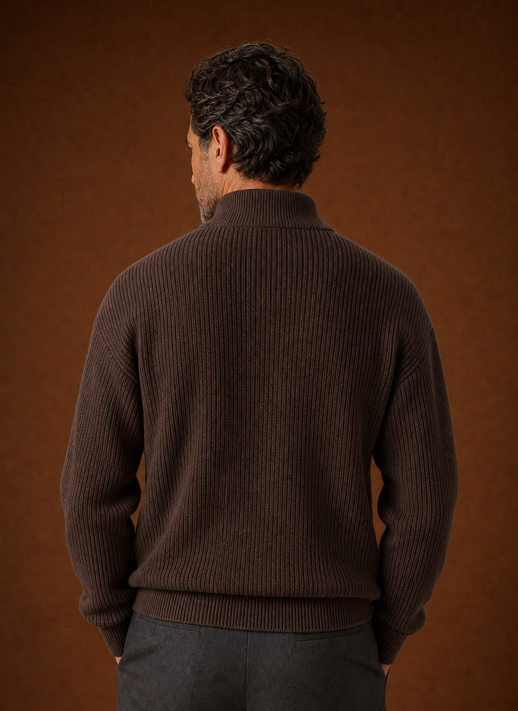 Back view of Areleon men's quarter zip sweater in brown showing ribbed texture and straight hem