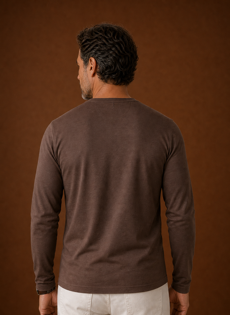 Back view of men's long-sleeve Henley shirt with clean hem