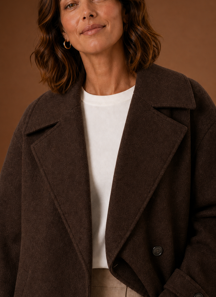 Close-up of button-front closure and sleeve cuff detail on the women's coat