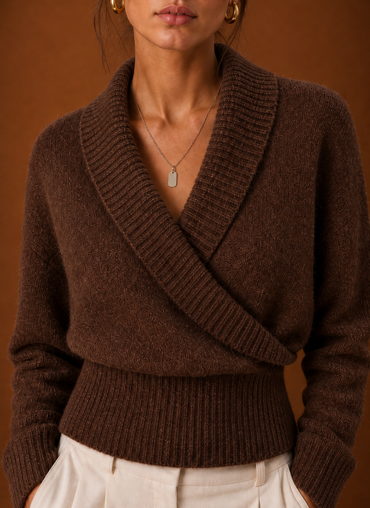 Close-up of ribbed knit texture and shawl collar V-neck detailing on the wrap sweater