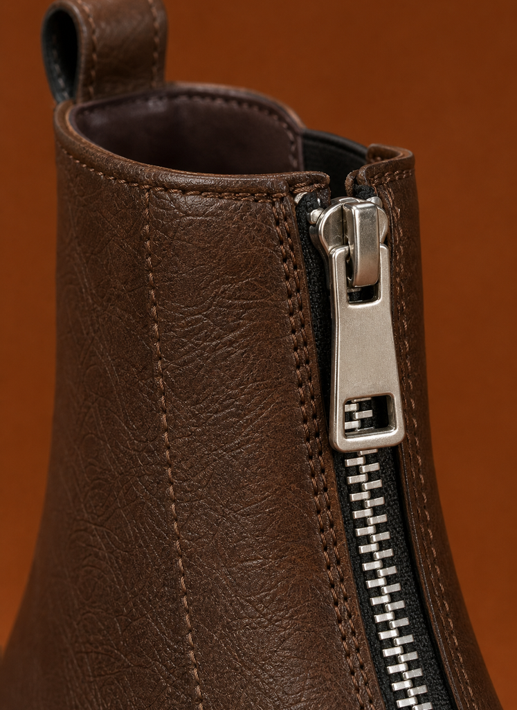 Close-up of the front zipper and stitching detail on the women's ankle boot